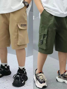 Boys Summer Workwear Shorts Casual Loose Fit Five-Quarter Length High Waist Cotton Blend Elastic Waistband Versatile Mid-Thigh Pants