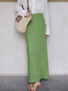 Retro Green Long Straight Cut Skirt Womens Summer New High Waist Slimming Versatile Commute Skirt Korean Style Loose Fit