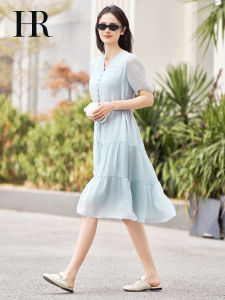Romantic French Style V-Neck Silk Dress Womens Summer Holiday Dress 100%  Silk Midi Dress with Belt And Puffy Sleeves