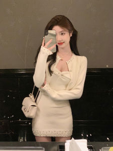 Áo Len Cardigan Dệt Kim Kiểu Pháp Cho Nữ Váy Hai Mảnh Dáng Ôm Dài Tay Cổ Tròn Khóa Cài Màu Trơn Mùa Thu Đông