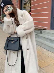 Elegant Long Thickened Rabbit Fur Coat 2024 Autumn Winter Polo Collar West Style Jacket Eco Friendly Leather Outerwear
