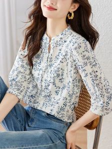 Guangzhou Thirteen Rows Womens Clothing Spring and Summer Three-Quarter Sleeve National Style 100% Cotton Coat Age-Reducing Shirt Blue and White Porcelain Floral Blouse