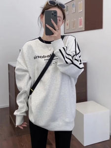Gray American Style Long Sleeve Sweatshirt Womens Spring Autumn Loose Lazy Style Mid-Length Top Commute round Neck Sweatshirt