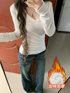 Áo Thun Cổ Chữ V Dày Lót Lông Cừu Màu Trắng Cho Nữ Mùa Thu Đông Có Thể Mặc Bên Trong Và Ngoài Trời Áo Thun Ôm Vừa Vặn Giảm Béo