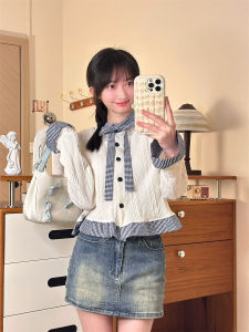 Sweet Style Plaid Butterfly Knot Long Sleeve Womens Miu Button Shoulder T-Shirt Short Knitted Top Commute Simple Style Slim Fit