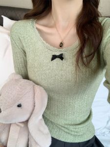 Áo Sơ Mi Nữ Cổ Tròn Viền Ren Mới Mùa Đông Cao Cấp Màu Trắng Cổ Tròn Nơ Nhỏ Áo Len Dệt Kim Mềm Mại Phong Cách Hàn Quốc