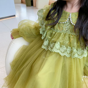 ตุ๊กตามุกเด็กผู้หญิง ปกเสื้อ ลูกไม้ เจ้าหญิง เดรส กระโปรงยาวปานกลาง ฤดูใบไม้ผลิ แฟชั่นใหม่ตาข่ายตาข่ายแขนยาว ซิป เจ้าหญิงชิ้นเดียว เดรส