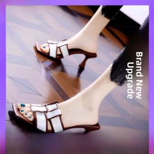 Woven Open-Toe Slippers Womens Outdoor Wearable Half Slippers Summer New Fashion High Heels Thin Heel Fairy One-Strap Sandals