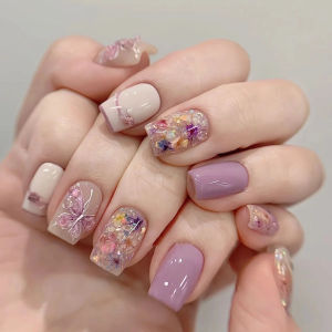 Spring Purple Butterfly Short Wearable Nail Art Watercolor Hand-Painted Dry Flower White Enhancing Advanced Feel Pink Series