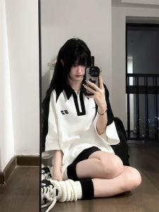 American Style Casual Sportswear Set for Women Summer New Flip Collar Short Sleeve Shorts Anti Aging Running Two Piece Set