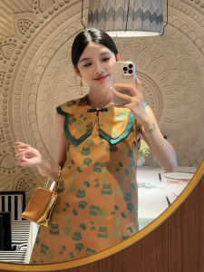 YUFUQING | New Chinese Style Floral Print Buttonless Sleeveless Womens Dress High Waist A-Line Short Skirt Retro Reformed Cheongsam