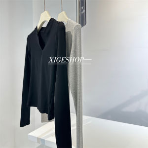 Gray Thread Slimming Small V Neck Long Sleeves T-shirt Female Easiest for Match Stretch Silm American Casual Short Bottoming Shirt Spring & Fall