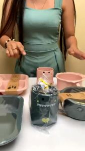 Set 6 Khay Ăn Dặm Hình Khủng Long Đáng Yêu Đĩa Ăn Dặm Cho Bé Bằng Nhựa PP An Toàn 6 trong 1 Bộ đồ ăn cho trẻ em Dĩa + bát + cốc + đũa + thìa + nĩa