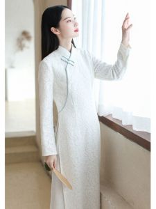 Autumn Winter Womens Knitted Wool Slimming Qipao Dress High Waist A-Line Skirt Long Sleeve Zipper Closure Chinese Style Tea Costume