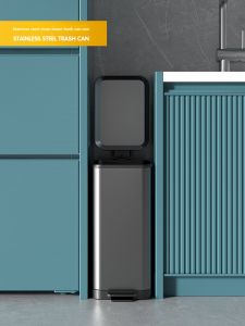 Stainless Steel Trash Can Large Capacity Bathroom Kitchen Living Room Luxury Trash Bin Home Use Foot Pedal Long Cylinder Shape