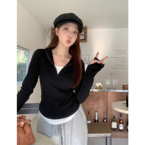 Ankela Red Zipper Long Sleeve Womens T-shirt Spring Autumn Casual Style Slim Fit V-neck Creative Pattern Base Layer Shirt