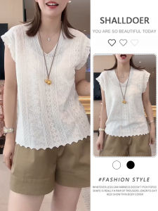 Shalldoer | Lace Insert Short Sleeve Knit Top Women