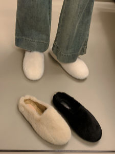 Womens Soft Fur Slippers Indoor Outdoor Wear Autumn Winter Half Slippers Flat Bottom Anti-Slip Cotton Shoes Comfortable Slip-On