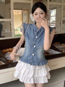 GUZILIAN | French Vintage Stand Collar Button Up Short Sleeve Denim Shirt And Cake Skirt Two Piece Set For Women Commute Korean Style
