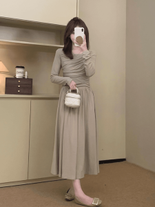 French Style Temperament T-Shirt Dress Female 2024 Fall New Arrival Waist-Tight Slim Looking All-Match Stitching Innerwear Bottoming Dress