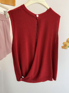 เสื้อกั๊กไหมพรมถักแขนกุดสไตล์ฝรั่งเศสสีแดงหลังเปิดรูปแบบฤดูร้อนสำหรับผู้หญิง เสื้อคลุมกันหนาวแบบสวมหัวหลวมๆ