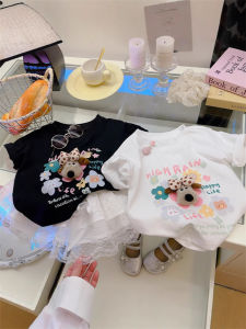 Girls Summer Short Sleeve T-Shirt Casual Versatile 3D Cartoon Print Top Korean Style Polyester Fiber Soft Treatment Breathable