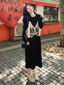 Loose Knitted Maternity Dress Korean Style Long Sleeve Pure Color Spring Autumn Season Design Sense Fake Two-Piece Dress