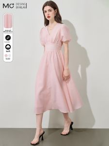 Mo | Summer 2025 Womens V-neck Splice Bubble Sleeve Embroidery Slimming Midi Length Tencel Dress High Waist A-line Silhouette