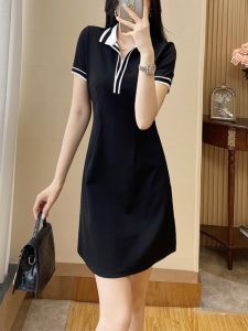 SUYE | Elegant Black Slim Fit Flattering Polo Collar Dress