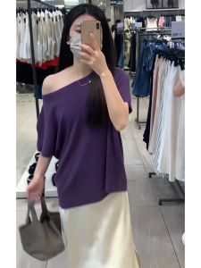 YUEZHONGWEI | เสื้อยืดแขนสั้นผ้าไหมน้ำแข็งสีม่วง ทรงหลวม สำหรับผู้หญิง ฤดูร้อน คอวี แขนสั้น เสื้อผ้าทำงานสไตล์เกาหลี แฟชั่นฤดูร้อน