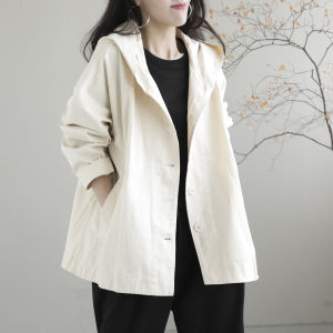 Womens Hooded Short Jacket Spring Autumn Loose Vintage Casual Solid Color Cotton Patchwork Open Cardigan Long Sleeve