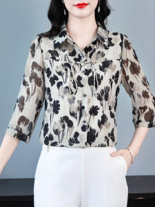 เสื้อเชิ้ตผ้าชีฟองแขนสั้นสำหรับผู้หญิง ทรงหลวม ลายดอกไม้ แฟชั่นฤดูใบไม้ผลิและฤดูร้อน เสื้อเชิ้ตผู้หญิงแบบลำลอง