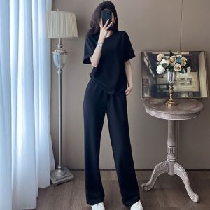 HUAXUNRAN | Slimming Summer Sportswear Set Short Sleeve T-shirt and Wide Leg Pants