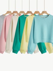 Spring Autumn New Style Womens High Waist Loose Long Sleeve round Neck Hoodie Sweet Solid Color T-Shirt Comfortable Fit Sweatshirt