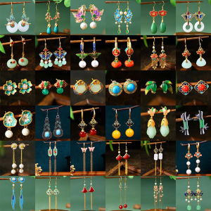 Elegant Enamel Handmade Silver Earrings for Women Vintage Chinese Hanfu Style Pearl Drop Earrings Luxury Qipao Jadeite New Chinese Style