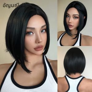 Gemma วิกผมสั้นสีดำส่วนตรงกลางวิกผมผู้หญิงสั้นแอฟโฟรทนความร้อนคอสเพลย์ปาร์ตี้ใช้ทุกวันผมธรรมชาติ