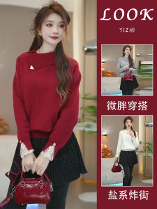 ชุดเดรสสีแดงสำหรับปีใหม่ ชุดเดรสยาวทรงเอ 2 ชิ้น คอวี แขนยาว กระโปรงจีบ ชุดเดรสฤดูหนาว ชุดเดรสแฟชั่นสำหรับผู้หญิง