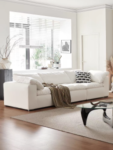 Cloud Linen Sofa French Style Creamy Living Room Minimalist Holiday Home Full Washable Plush L-Shaped Sofa Wooden Frame