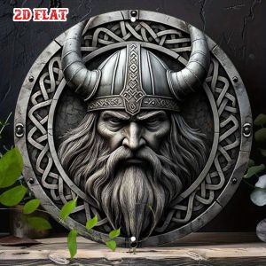Viking Metal Wall Art Decor Norse Warrior Aluminum Round Sign with Celtic Knot & Horned Helmet 7.87x7.87 Inch Retro Home Garag