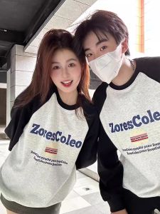 Cotton Shoulder Sleeve Couple Hoodie Pure Cotton Long Sleeve round Neck Print Splice Spring Autumn Outerwear for Women