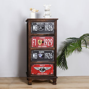 HENGDEMU | American Country Style Solid Wood Storage Cabinet with Iron Painted Drawers