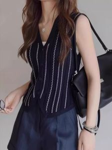 GEBOFU | Vintage Stripe V-Neck Sleeveless Knitted Cardigan