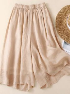 Ice Silk Linen Wide Leg Pants Womens Summer Thin Mom Large Size Seven-Foot Casual Pants Asymmetric Retro High Waist