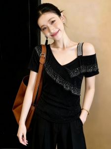 SHUAIYUE | Áo Thun Sơ Mi Vòng Cổ V Đính Hột Pha Lê Ôm Sát Trẻ Trung