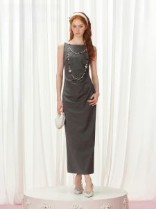 TAMMY TANGS | Sugar Power High Intelligence Long Dress Gown One Shoulder Pleated Strapless Dress Womens City Commute Work Party Date H-Line