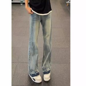 American High Street Vibe Mens Jeans Spring Autumn New Small Design Sense Pants Lightning Pattern Straight Leg Micro Flare Pants