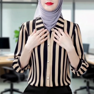 AB [ready stock] Long Stripe Women Blouse Women Korean Style Work Shirt High-End Wear Striped Three-Quarter Sleeve Shirt Womens Loose Thin and Breathable  Shirt Top Formal Shirt Women Office Wear Women baju perempuan kemeja perempuan