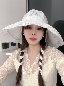 Spring Summer Lace Trim Fishing Cap Womens Casual Beach Travel Sunshade Bucket Hat Bow Tie Style Wide Brim Country Style
