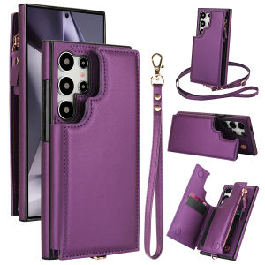 Cards Slot Case For Samsung With Diagonal Strap Lanyard Coin Purse Case Mobile Phone Shell With Card Holder Casing Cases For Samsung Galaxy S25 Ultra S24 Plus S23 Plus S22 Ultra S21 Plus S20 S24 FE S24U S25U S24 Ultra Leather Cover With Rope Sling