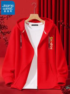 Jeanswest 2026 Horse Year Celebration Jacket Youthful Red Sweatshirt Mens Casual Long Sleeve Hoodie Comfortable Fit Cotton Polyester